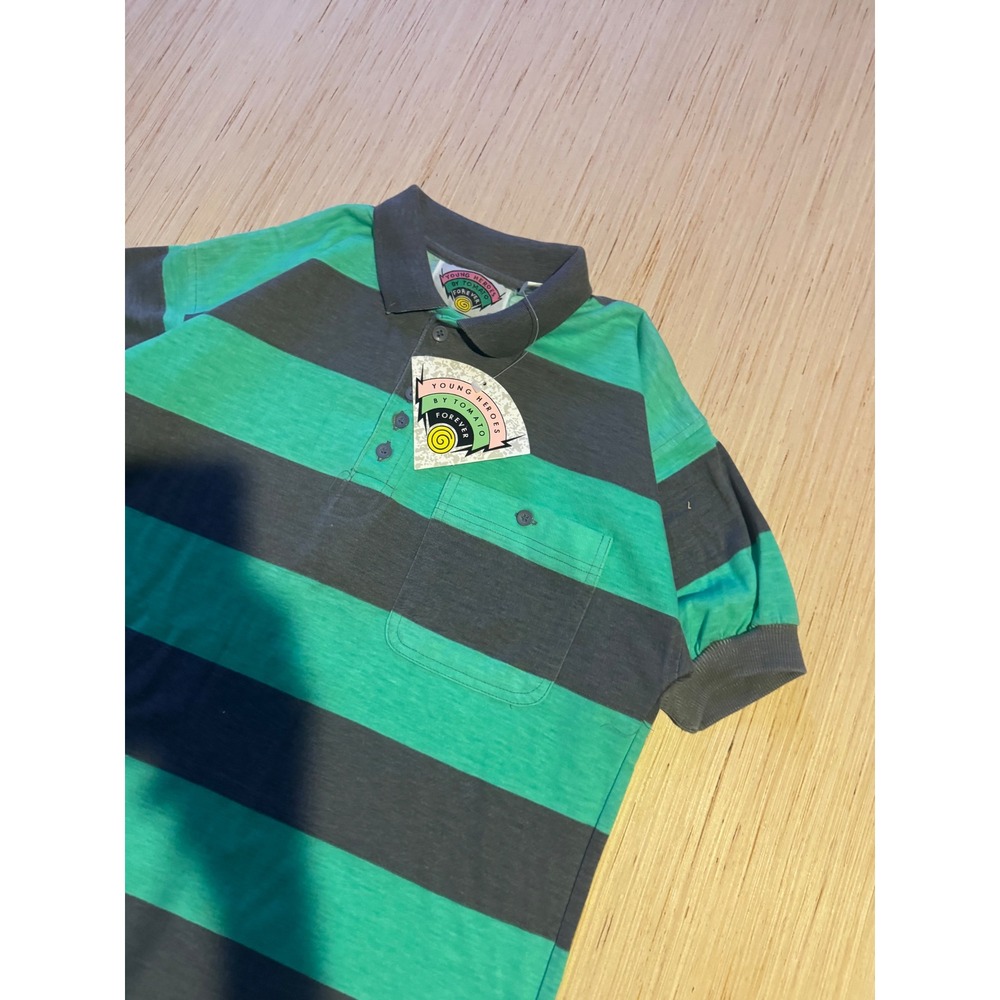 Vintage Young Heroes Tomato Forever Striped Polo Shirt Green Gray Mens Medium 44